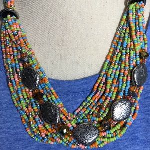 Vintage Necklace Swarvoski Crystals, Multicolor seed beads, multi layered
